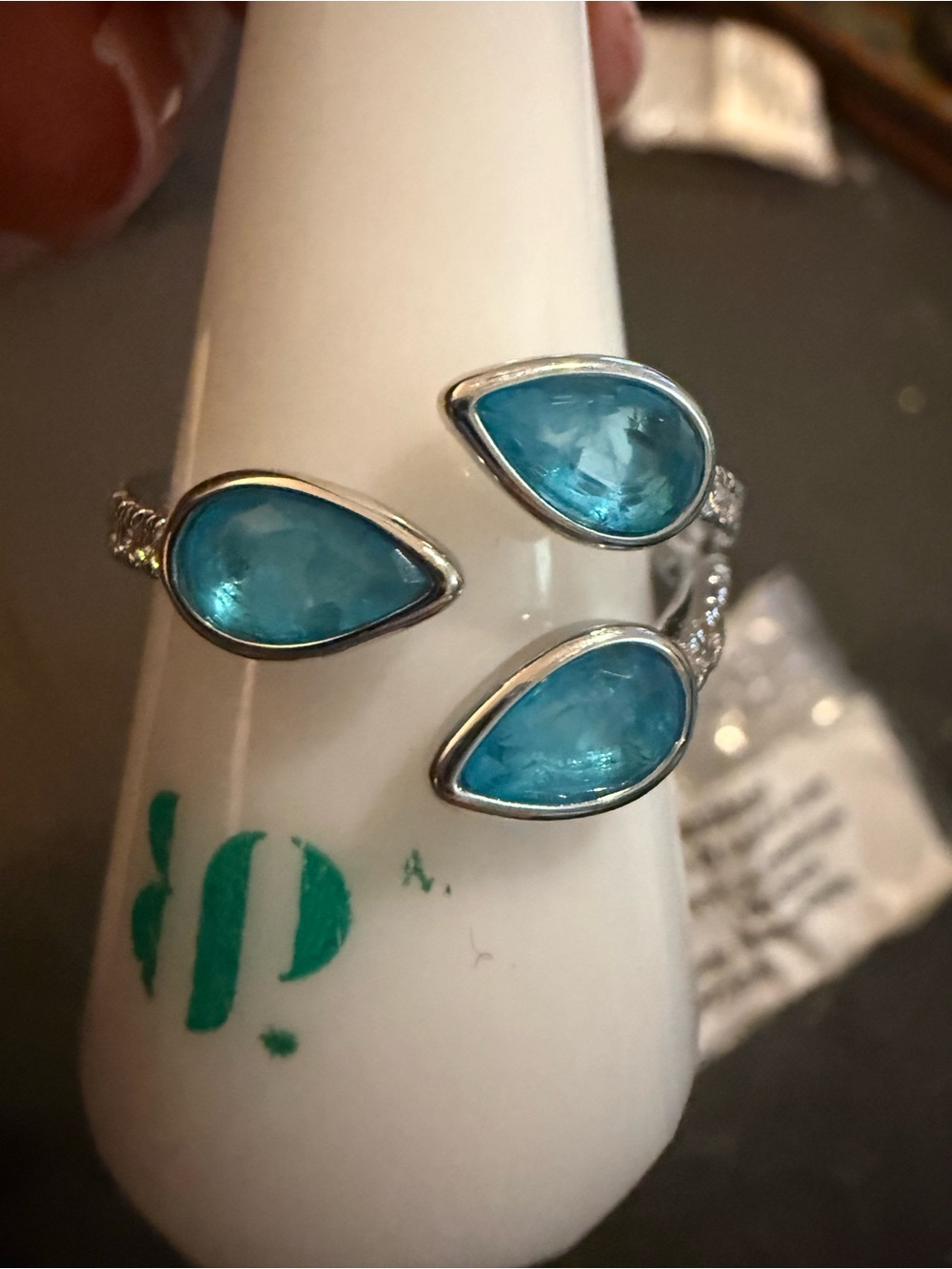 Rhodium Aqua Teardrop Triple Stone Ring